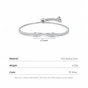 Pulsera de plata de ley 925 con lazo de circonitas cúbicas y cadena de caja
