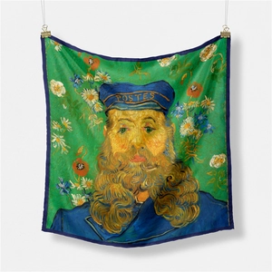 Detailed texture of Van Gogh silk scarf featuring Portrait of Joseph Roulin painting
