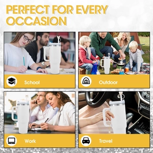 Insulated stainless steel tumbler shown in school, outdoor, work, and travel settings