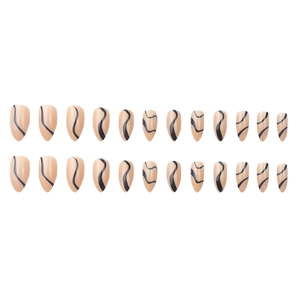 Minimalist almond-shaped press-on nails in nude pink with modern black wave lines