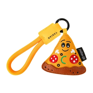 Porte-clés pizza créatif en cuir avec cordon jaune tressé et mousqueton en métal noir
