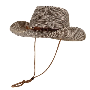 Straw cowboy hat with feather metal detail and adjustable cord for beach sun protection
