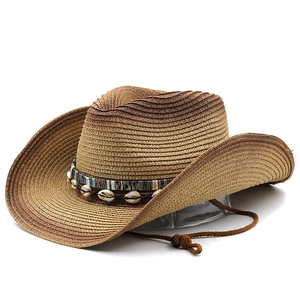Western cowboy straw hat with gradient brown weave and ethnic shell band for beach sun protection