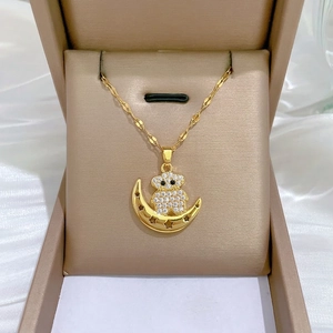 Bear On Moon Pendant Necklace Stainless Steel Chain Copper Zircon Inlaid Elegant Clavicle Chain Jewelry For Women