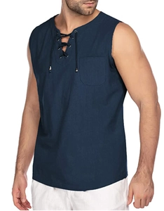Detail of navy blue cotton linen vest featuring V-neck lace-up and chest pocket design