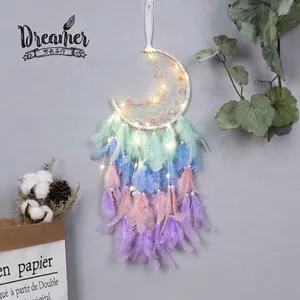 Moon Shape Dreamcatcher Handmade Gradient Feather With LED Lights Hanging Ornament For Home Bedroom Wall Decor