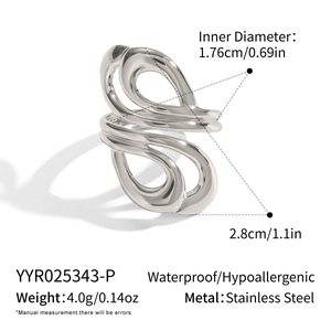 Size details of geometric silver stainless steel ring with height and weight specs
