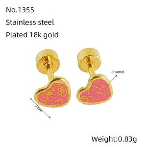 Detailed specs of pink polka dot heart studs in 18k gold plated stainless steel