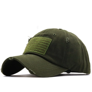 Distressed army green tactical baseball cap with American flag patch and curved brim