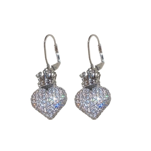 Silver crown heart hoop earrings with cubic zirconia stones on white background