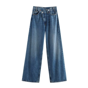 High-waisted dark blue wide-leg jeans featuring a unique crossover waist design