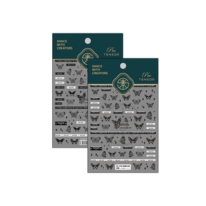 3D embossed butterfly nail stickers with vintage labels in monochrome minimalist style