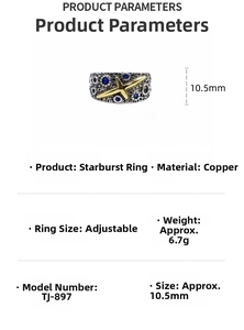 Detail view of starry sky ring with blue stone and adjustable 10.5mm copper band
