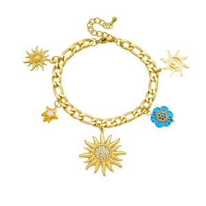 Detail of gold-plated sun pendant bracelet with colorful acrylic charms and crystals