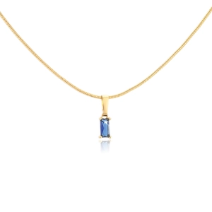 Detail of 18K gold-plated snake chain necklace with four-prong set blue rectangular zircon