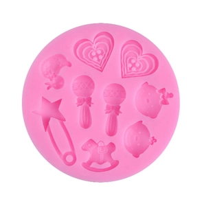 Pink silicone baby shower mold with rocking horse and rattle for cake decorating