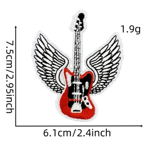 Detail view of electric guitar embroidery patch with dimensions 7.5cm by 6.1cm