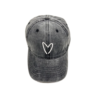 Classic grey washed denim baseball cap with minimalist white heart embroidery for adults