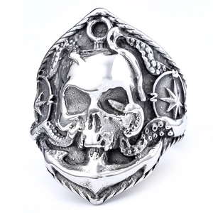Vintage stainless steel nautical ring with skull anchor and octopus tentacles design