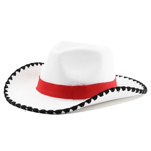 Detail of white felt cowboy hat featuring red ribbon band and black whipstitch edge