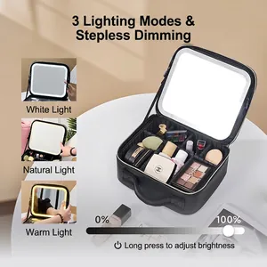 Black leather makeup bag with integrated LED mirror featuring three adjustable light modes