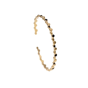 Minimalist 18k gold plated stainless steel open bangle with black round gemstone accents