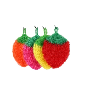 Colorful strawberry-shaped crochet dish sponges in orange, pink, yellow, and red colors