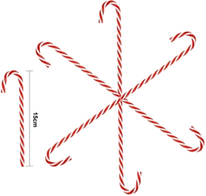 Detail showing dimensions and 6-pack set of 15cm red and white Christmas candy cane ornaments