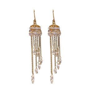 Elegant gold tassel earrings with dangling clear crystals on a clean white background