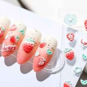 3D strawberry nail art stickers and press-on nails set with Sweet letter designs