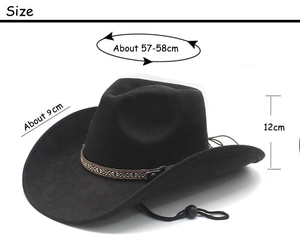 Black western cowboy hat with ethnic band and size guide showing 57-58cm circumference