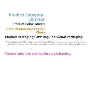 Detailed specifications for mixed color copper chain earrings with OPP bag packaging info