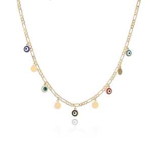 Detail of gold-plated Figaro chain necklace with colorful enamel evil eye charms