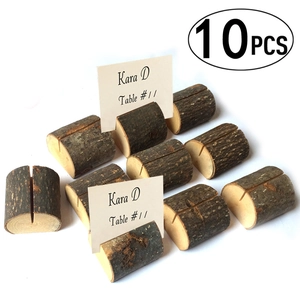 Set of 10 half-cylinder wooden place card holders with natural bark and card slots