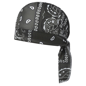 Detailed view of dark grey paisley print cycling bandana cap with adjustable back ties