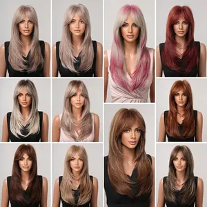Women Long Layered Synthetic Wig With Bangs Natural Looking Ombre Highlighted Heat Resistant Fiber For Daily Party Wear