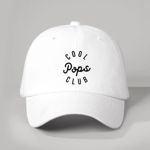 Detailed front view of white baseball cap with black COOL Pops CLUB vintage embroidery