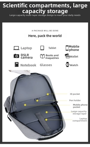 Detail view of large capacity business laptop backpack with multiple storage compartments