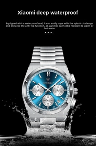 Detail of waterproof men's quartz watch with chronograph dials and blue sunray face