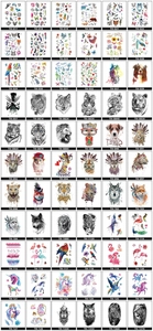 Detailed catalog of 66 waterproof temporary tattoo stickers with animals and flowers