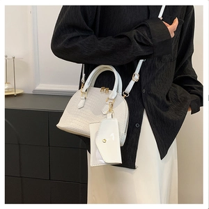 Detailed macro of white crocodile pattern shell bag with gold hardware and card pouch