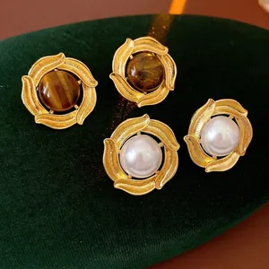 Retro Round Stud Earrings With Artificial Pearl Tiger Eye Stone And Silver Earring Post Vintage Maillard Style For Women