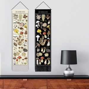 Minimalist mushroom wall hanging tapestry with wooden scroll and vintage illustrations