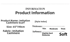 Detailed size chart and specifications for the thick soft cashmere-like winter scarf