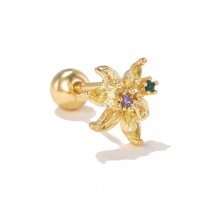 Golden flower stud earring with colorful zircon stones and ball back on white background