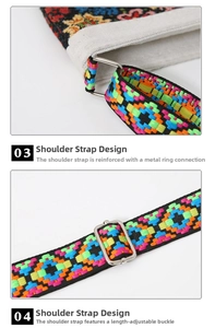 Detail of colorful geometric ethnic embroidery strap with silver metal hardware and buckle