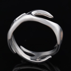 Punk silver flame totem ring in polished stainless steel with adjustable open design