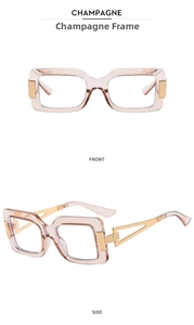 Front and side views of champagne square glasses frames with hollow gold metal temples
