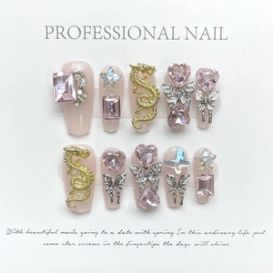 Handmade Long Coffin Press On Nails Luxury Rhinestone Butterfly Gold Dragon Metal Relief Pink Heart Zircon Star Jewelry