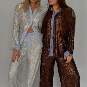 Chemise À Manches Longues Et Pantalon Long À Paillettes Chic Brillant Patchwork Rayé Tenues Décontractées Pour Femmes